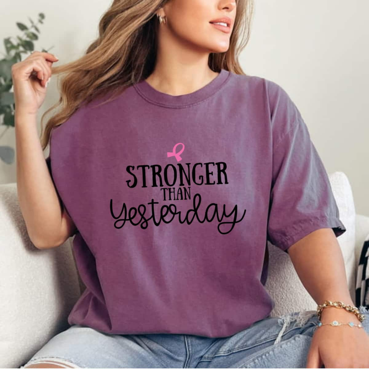 Stronger Than Yesterday Ribbon Breast Cancer Fighter T-Shirt