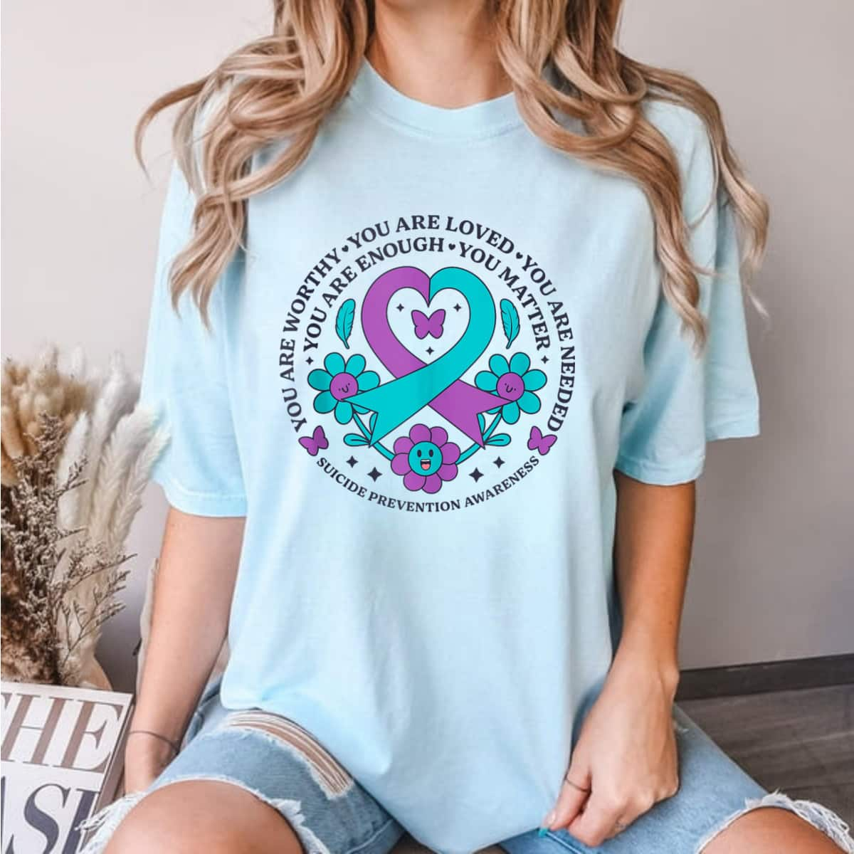 Ribbon Flowers You Are Worthy Loved Needed Enough Matter Suicide Prevention T-Shirt