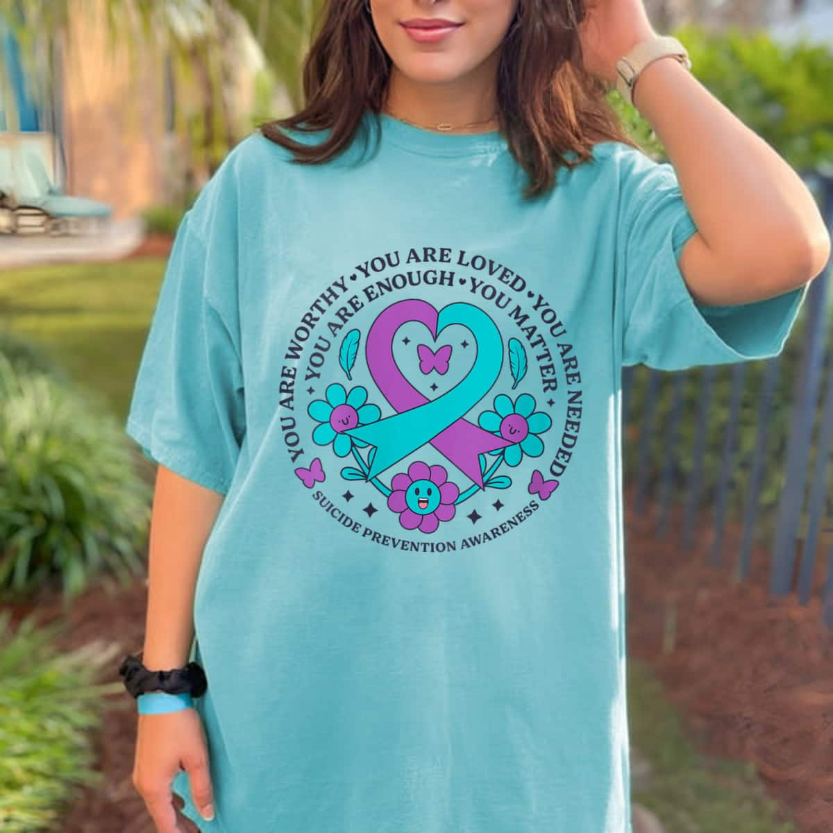 Flowers Ribbon You Are Worthy Loved Needed Enough Matter Suicide Prevention T-Shirt